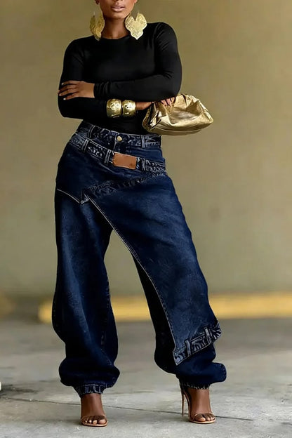 Layered Washed Wide-Leg Jeans – Women's Streetwear Style