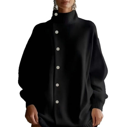 Oversized Asymmetric Button Turtleneck Knit Mini Dress