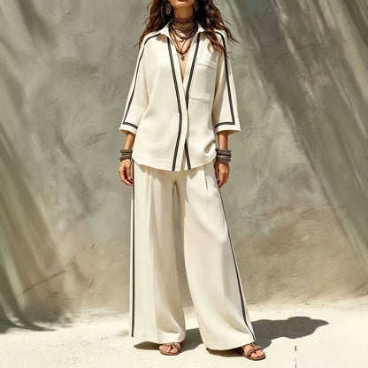 Contrast Trim Shirt & Wide‑Leg Pants Two‑Piece Set