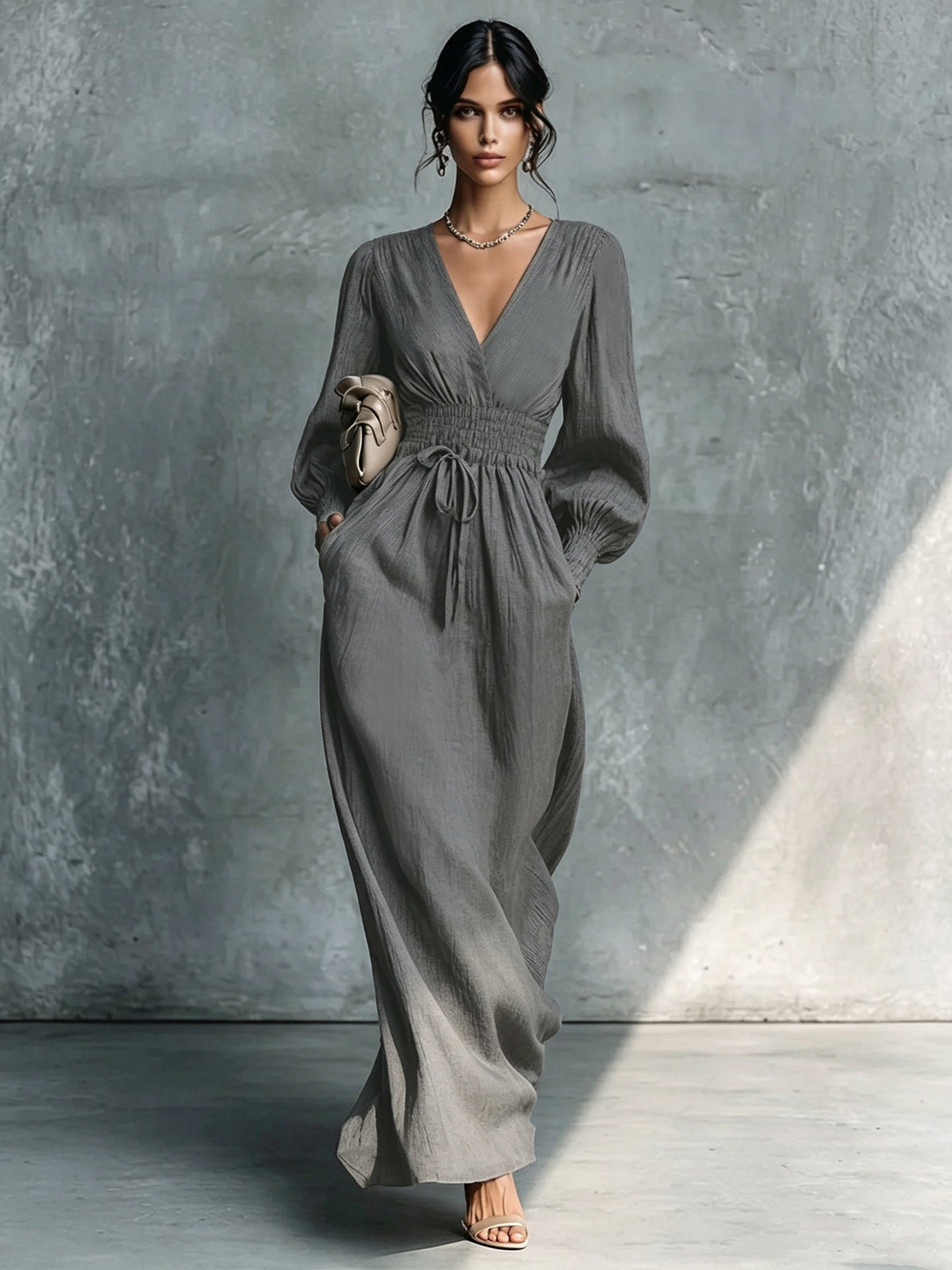 Textured V-Neck Smocked Waist Maxi Dress - Grey / S