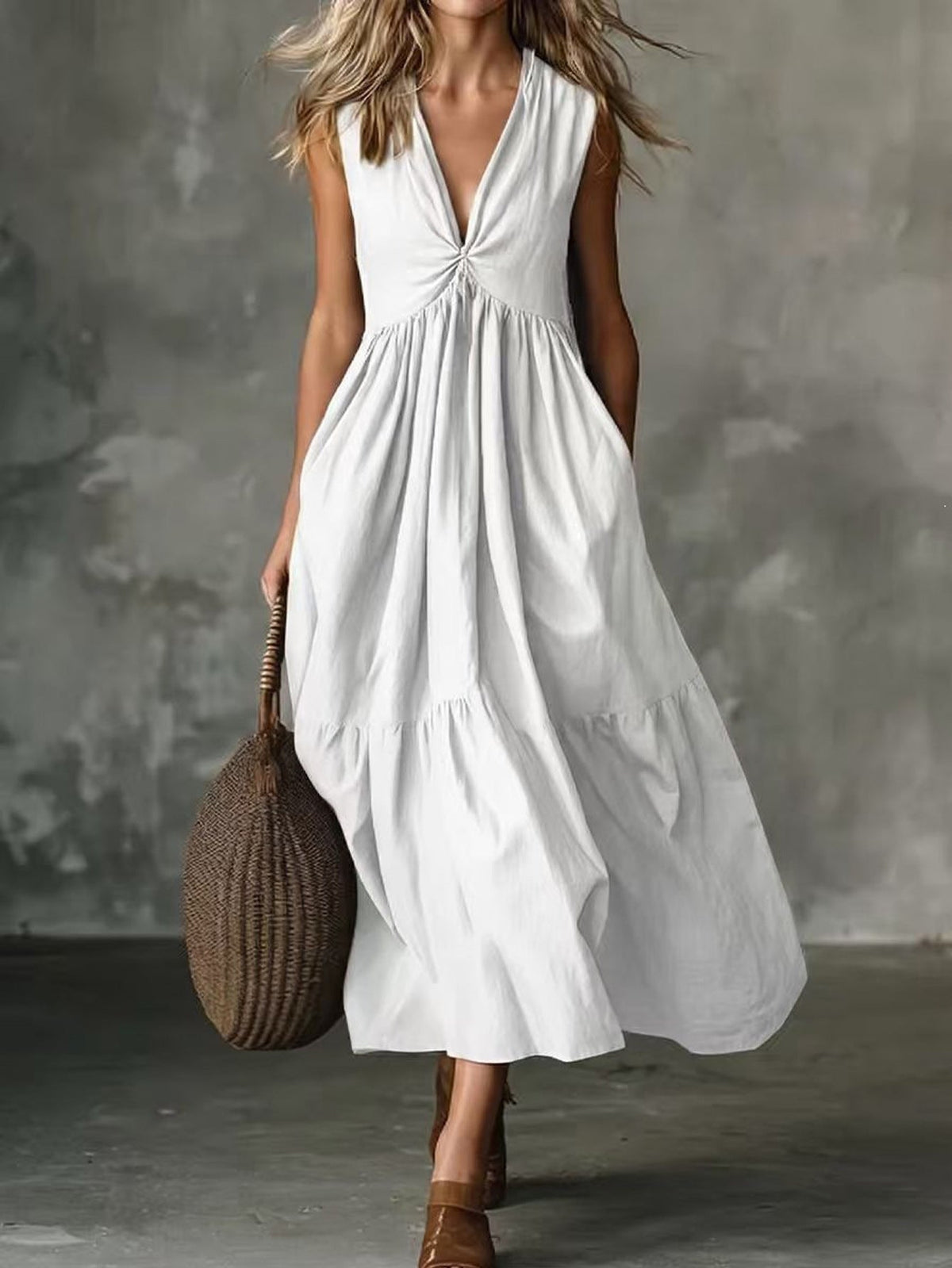 Twist Front V-Neck Sleeveless Pocket Textured Flowy Maxi Dress