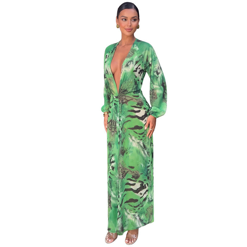 Deep V Backless Slit Maxi Dress