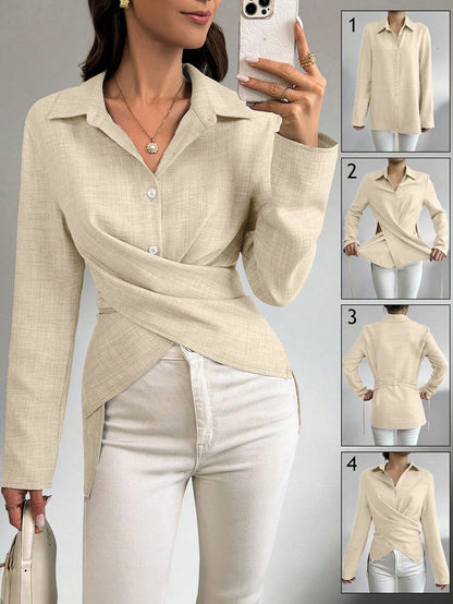 Multi‑Way Wrap‑Tie Long‑Sleeve Linen Blend Shirt