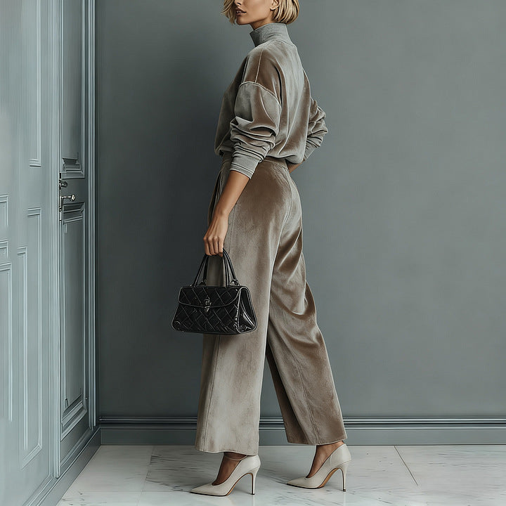 Knit Long-Sleeve Top & Wide-Leg Pants Two-Piece Set
