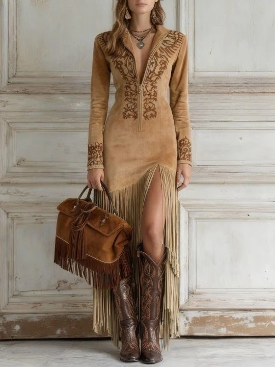 Women’s Vintage Floral Fringe Maxi Dress