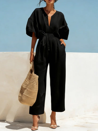 Women's Casual Linen Jumpsuit with Lantern Sleeves