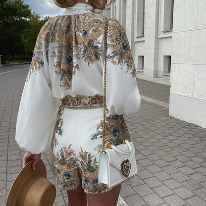 Printed Long-Sleeve Top & Shorts Two-Piece Set
