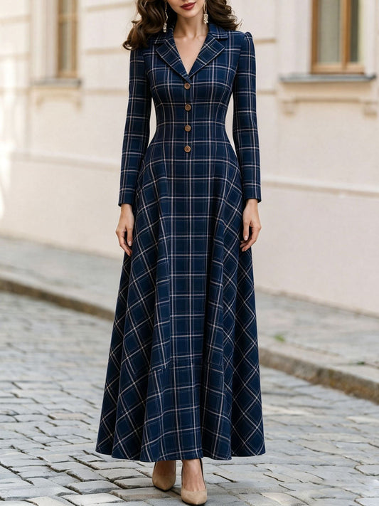 Classic Plaid Long Sleeve Maxi Dress