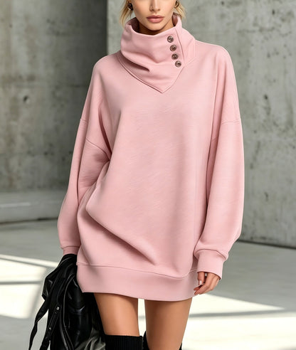 Women's Solid Pink Button-Detail Cowl Neck Long Sweatshirt Tunic Dress