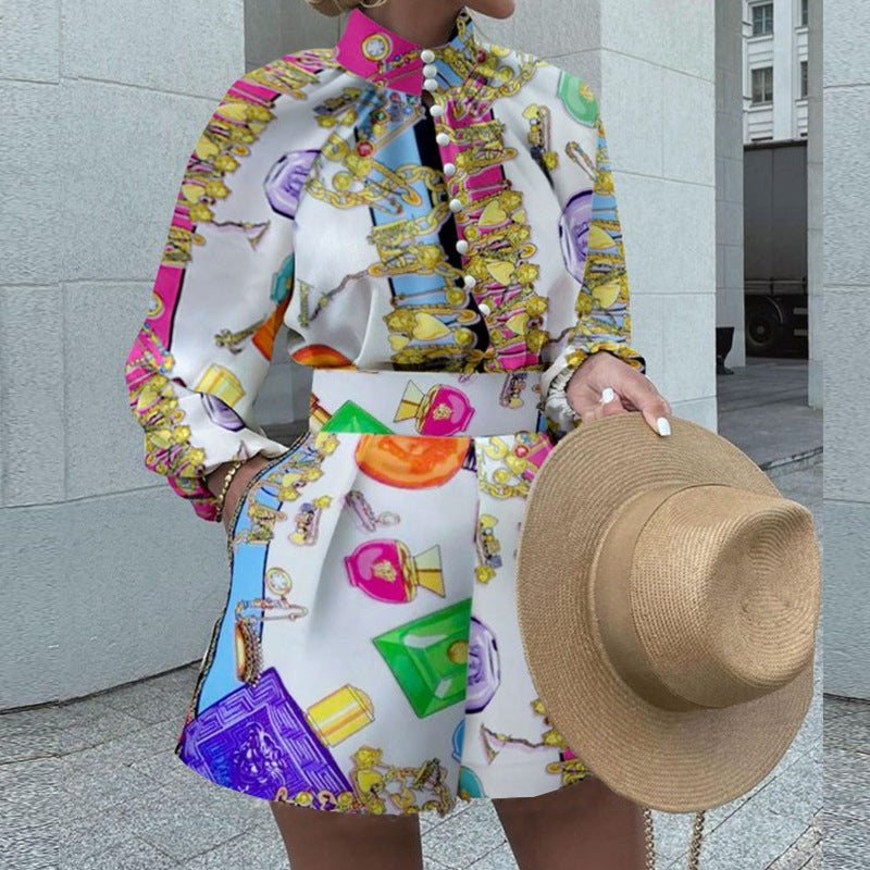 Printed Long-Sleeve Top & Shorts Two-Piece Set