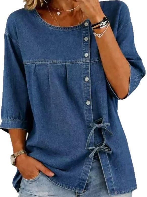 Denim Tie-Front Blouse – Women’s Relaxed Casual Top