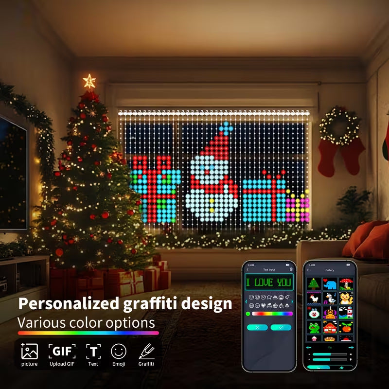 🔥Last day 49% OFF🎅 Smart RGB Pixel Curtain Lights – App-Controlled Animated Holiday Display for Balcony & Window Decor-1.6m*1.6m