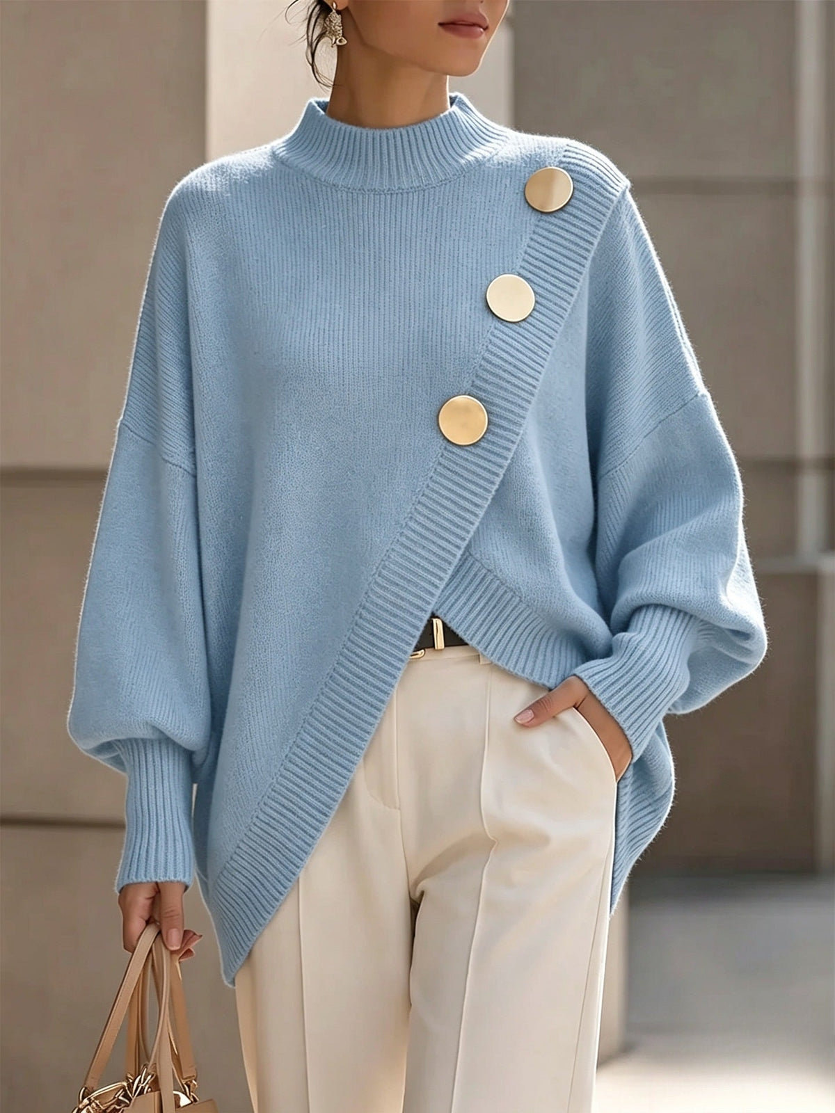Elegant Asymmetrical Gold-Button Knit Sweater
