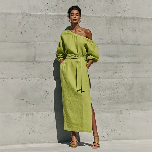 Linen One Shoulder Balloon Sleeve Self Tie Waist Side Slit Midi Dress