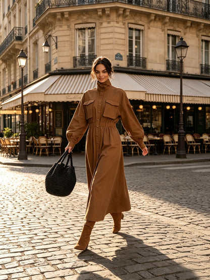 Women's Solid Beige Stand Collar Pocket Elastic Waist Long Sleeve Shirt Midi Dress