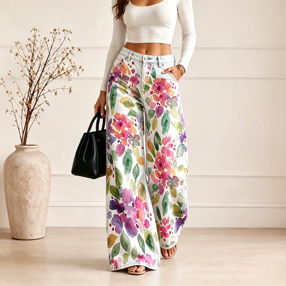 Women’s Plus Size Lightweight Denim-Look Wide Leg Pants