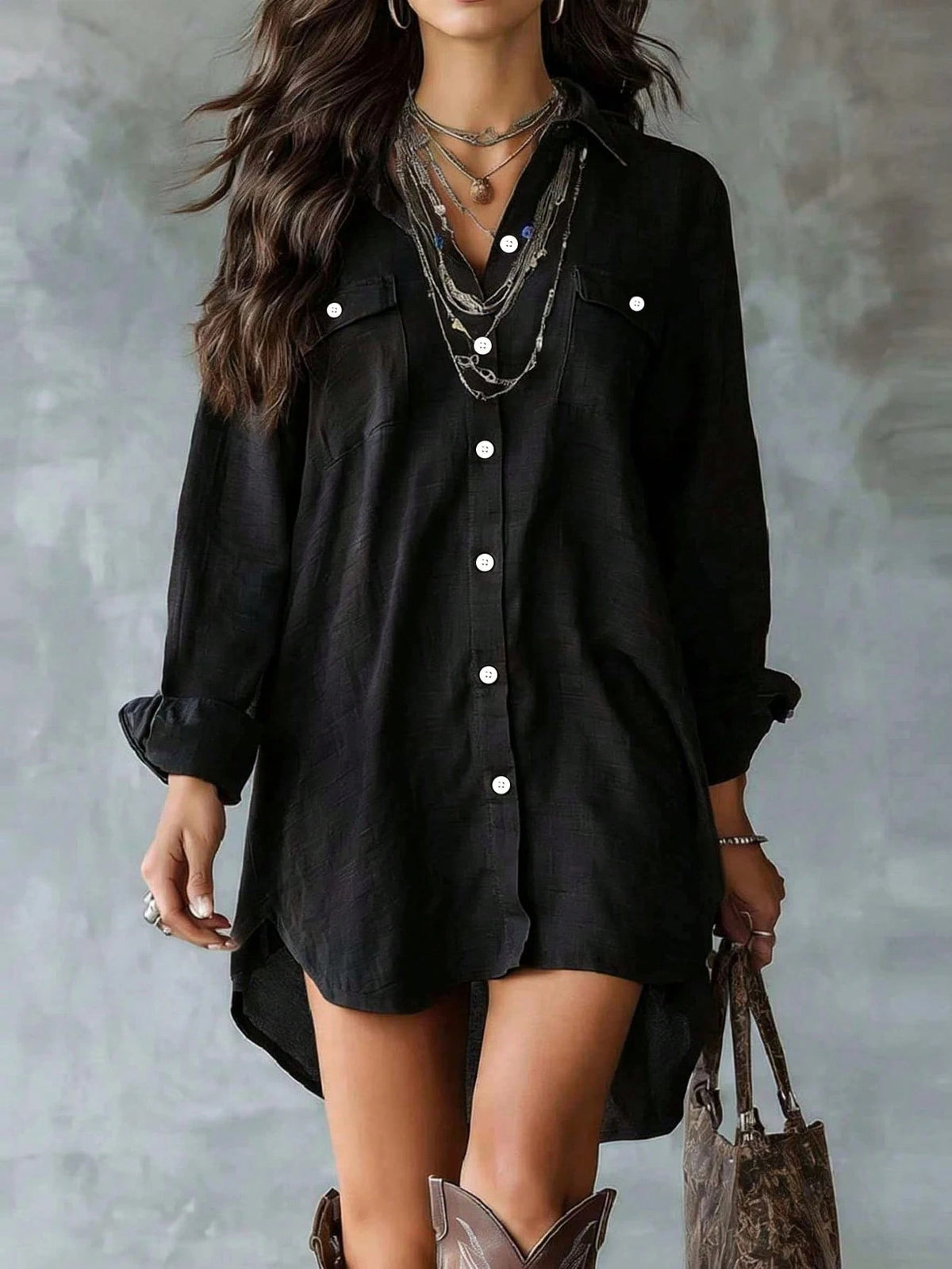 Linen Blend Button-Down Slit Shirt Dress