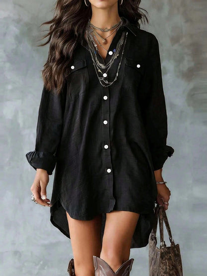 Linen Blend Button-Down Slit Shirt Dress