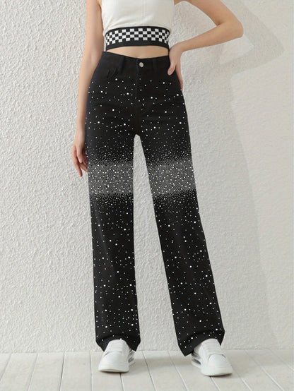 Women’s Rhinestone High-Waist Wide Leg Jeans