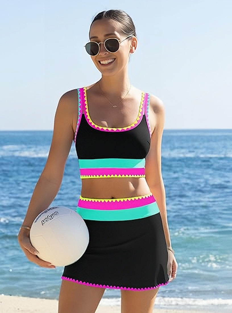 Color Contrast Patchwork Nylon Sporty 3 Piece Bikini Sets
