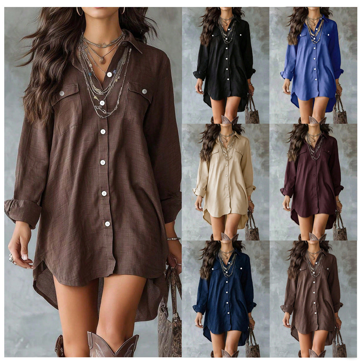 Linen Blend Button-Down Slit Shirt Dress