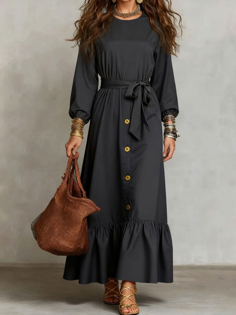 Button‑Front Tie‑Waist Tiered Ruffle Maxi Dress