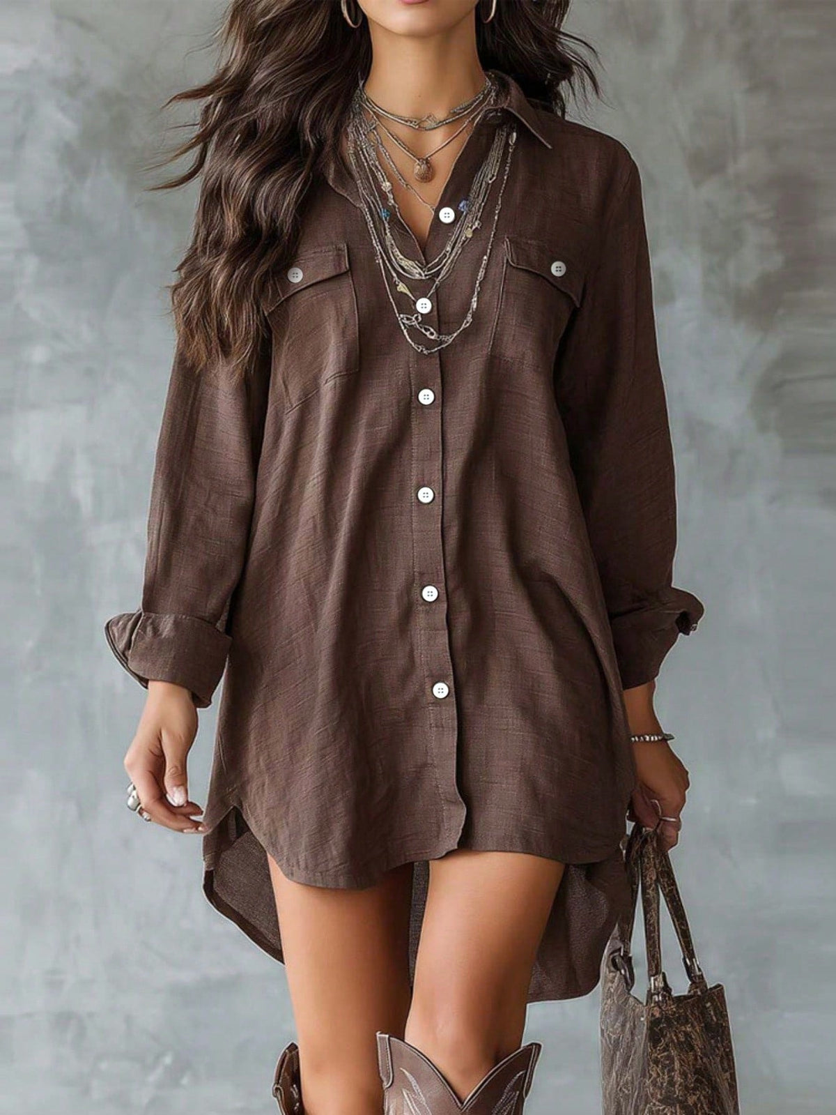 Linen Blend Button-Down Slit Shirt Dress