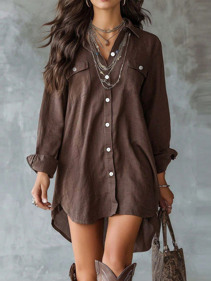 Linen Blend Button-Down Slit Shirt Dress