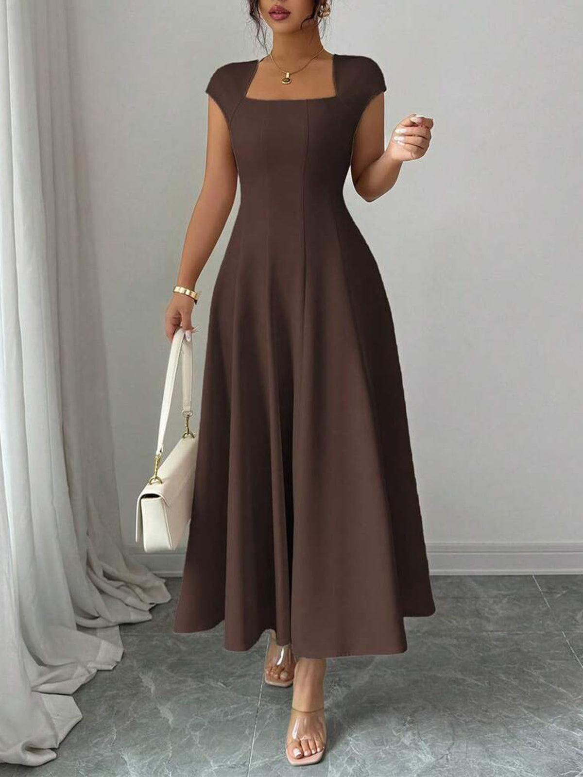 Square Neck Short-Sleeve Maxi Dress