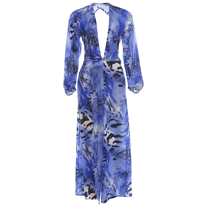 Deep V Backless Slit Maxi Dress