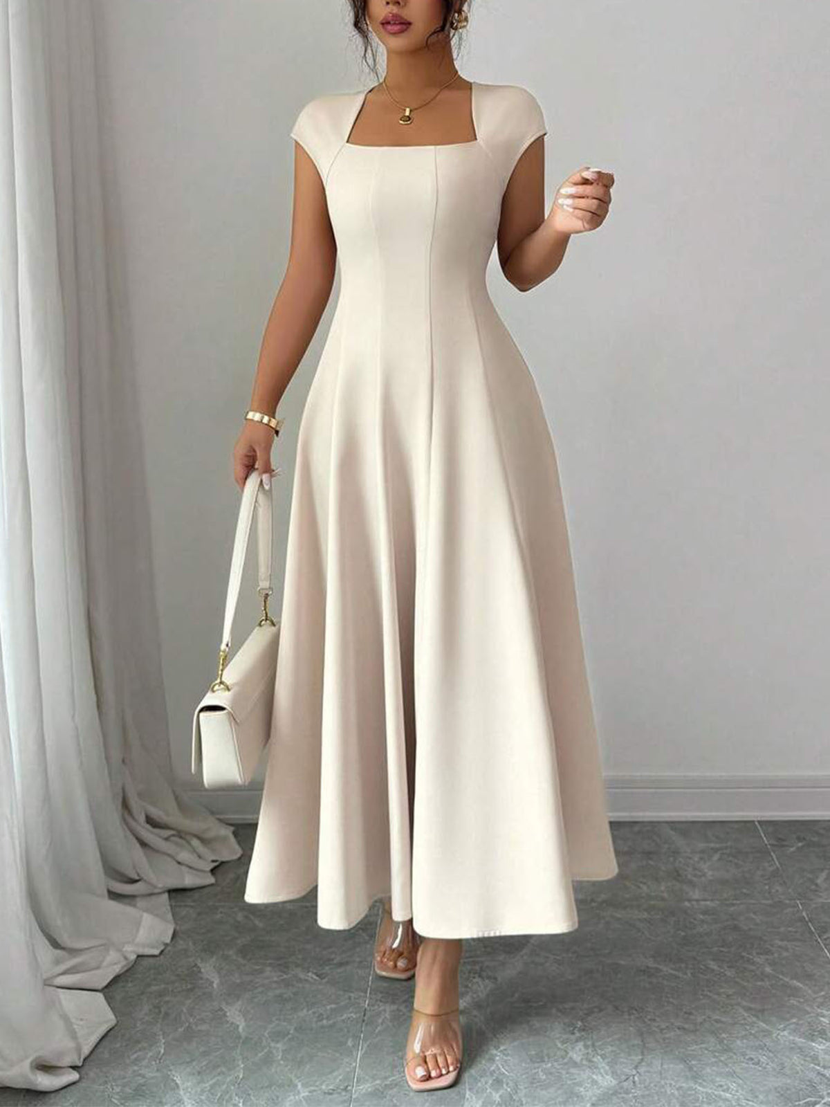 Square Neck Short-Sleeve Maxi Dress