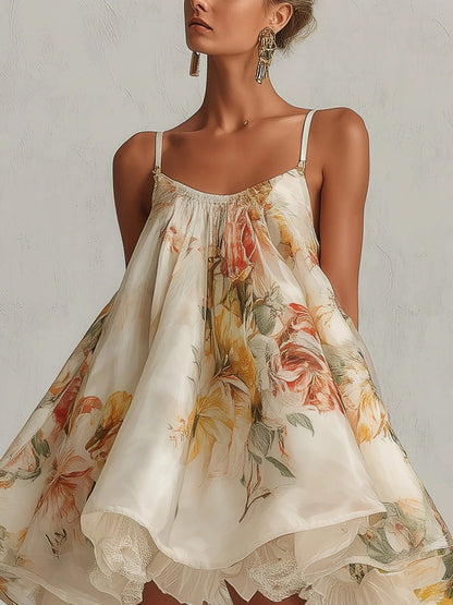 Women's Vintage Floral Print Spaghetti‑Strap High‑Low Ruffle Mini Dress