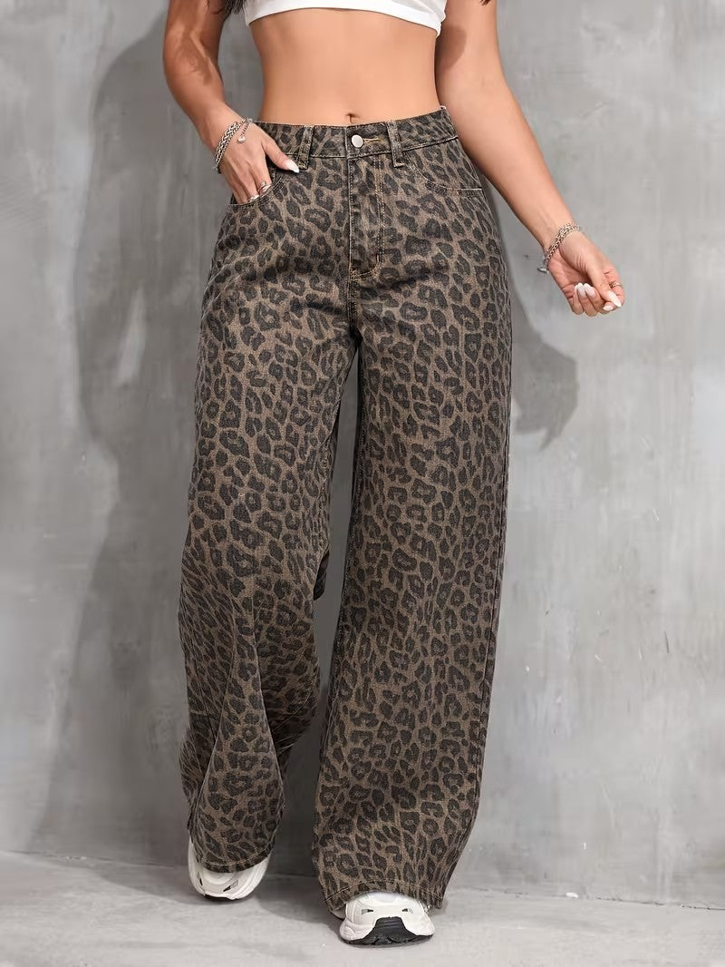 High-Waisted Leopard Wide-Leg Jeans