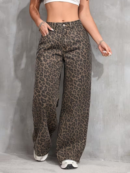 High-Waisted Leopard Wide-Leg Jeans