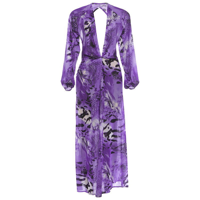 Deep V Backless Slit Maxi Dress