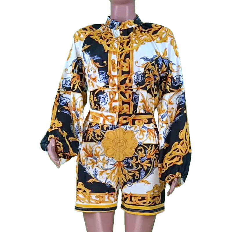 Printed Long-Sleeve Top & Shorts Two-Piece Set