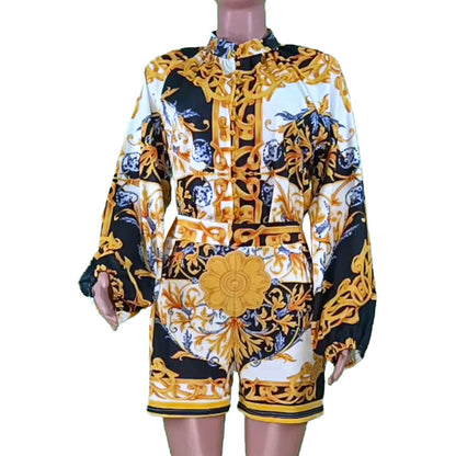 Printed Long-Sleeve Top & Shorts Two-Piece Set