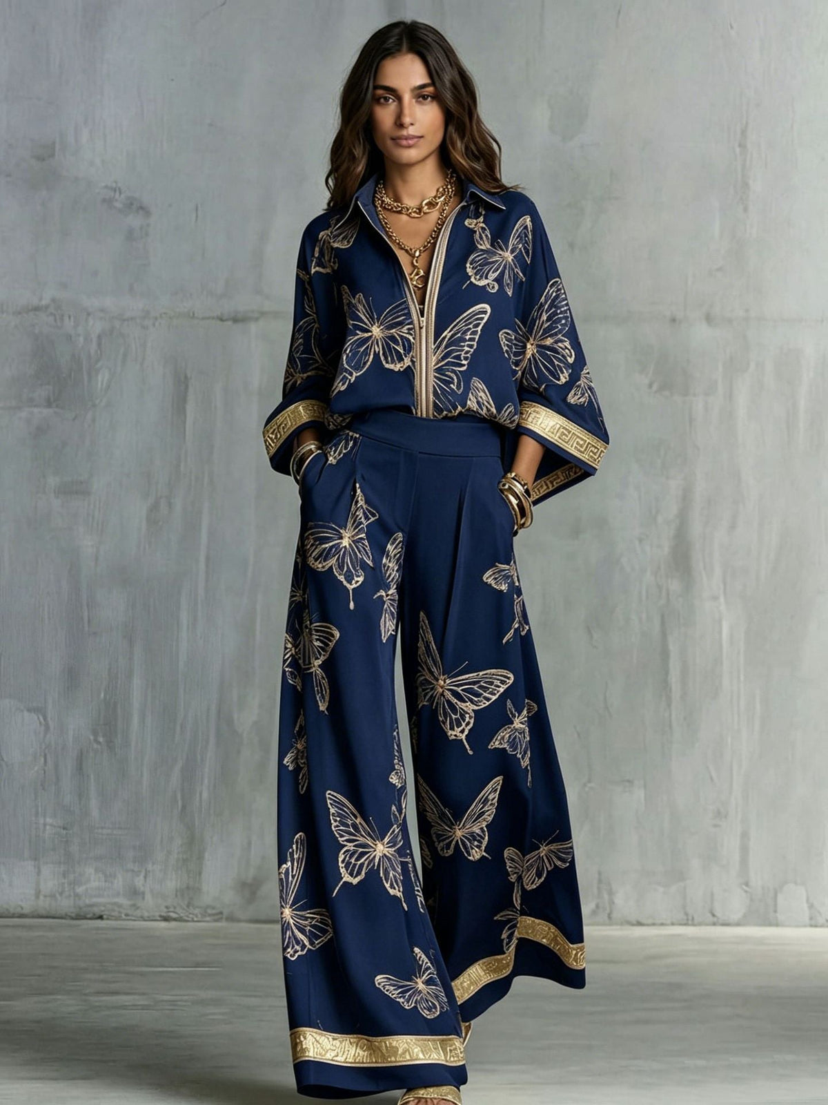 Butterfly Print Zip‑Front Blouse & Wide‑Leg Pant Two‑Piece Set