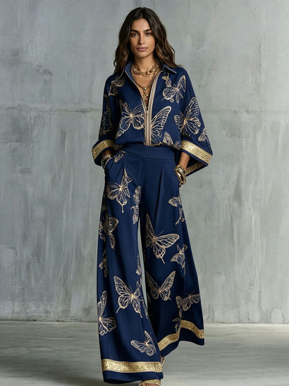 Butterfly Print Zip‑Front Blouse & Wide‑Leg Pant Two‑Piece Set
