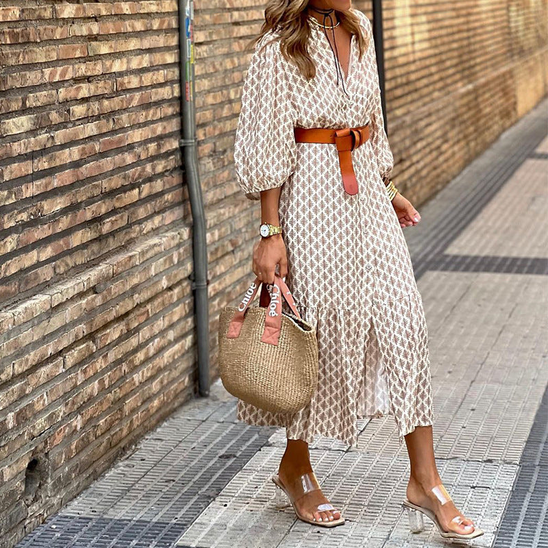 Belted Printed V-Neck Maxi Dress