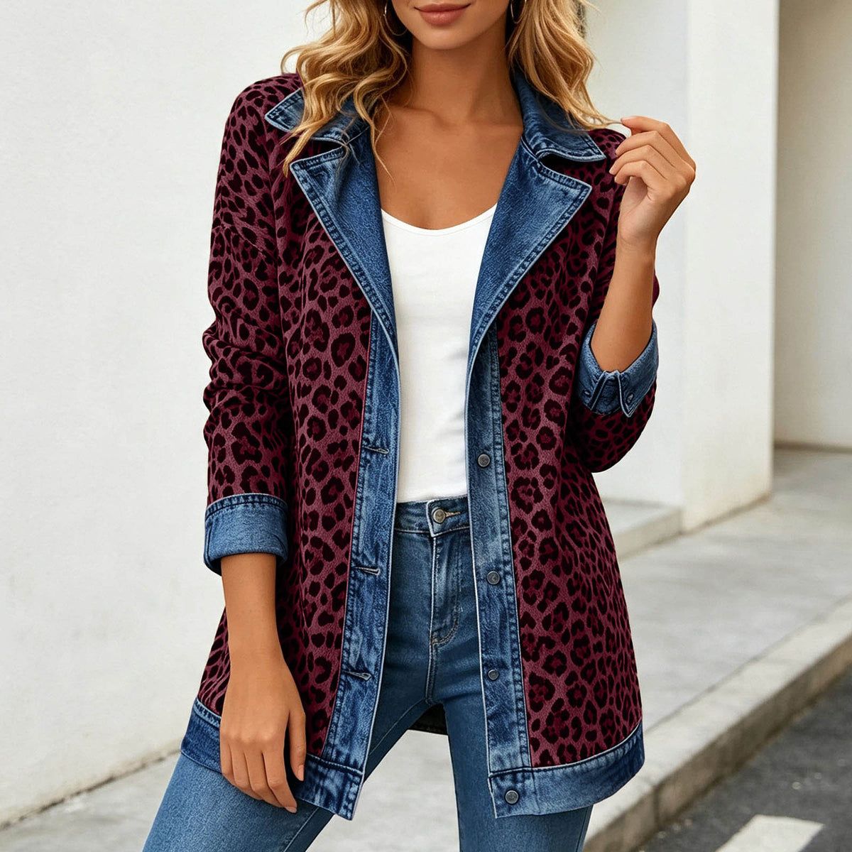 Leopard Print Denim Jacket – Women's Casual Oversized Style