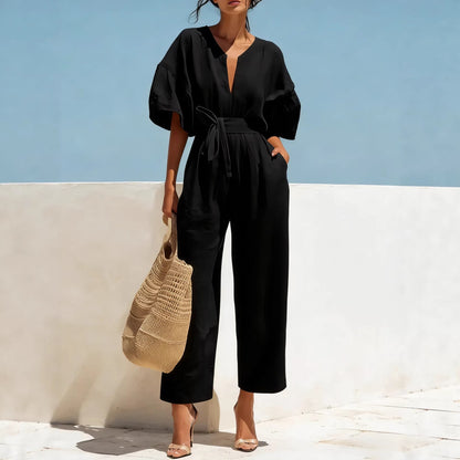 Women's Casual Linen Jumpsuit with Lantern Sleeves