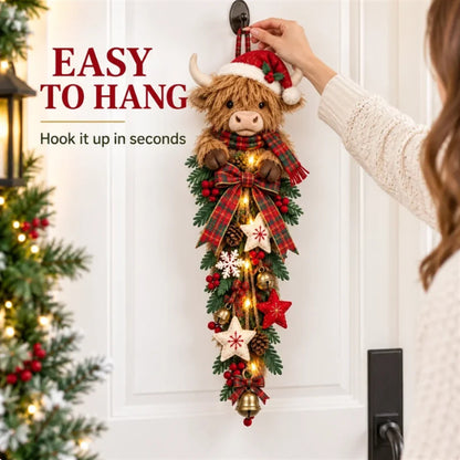 🎄 Light-Up Highland Cow Christmas Door Decor – Cute Festive Holiday Accent 🐮✨