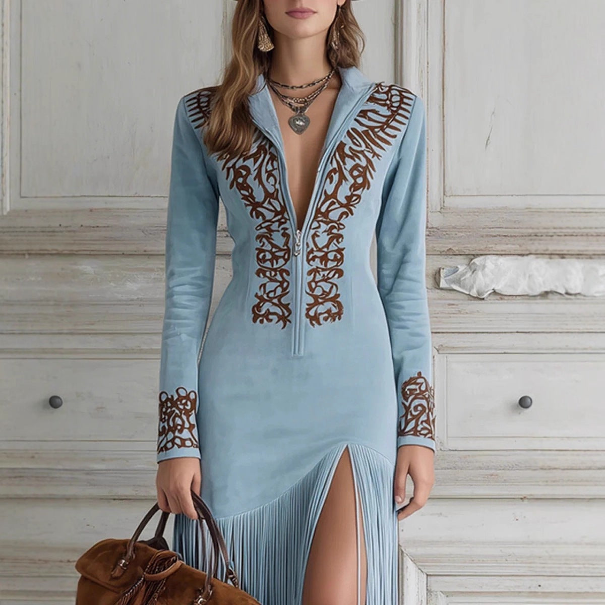 Women’s Vintage Floral Fringe Maxi Dress