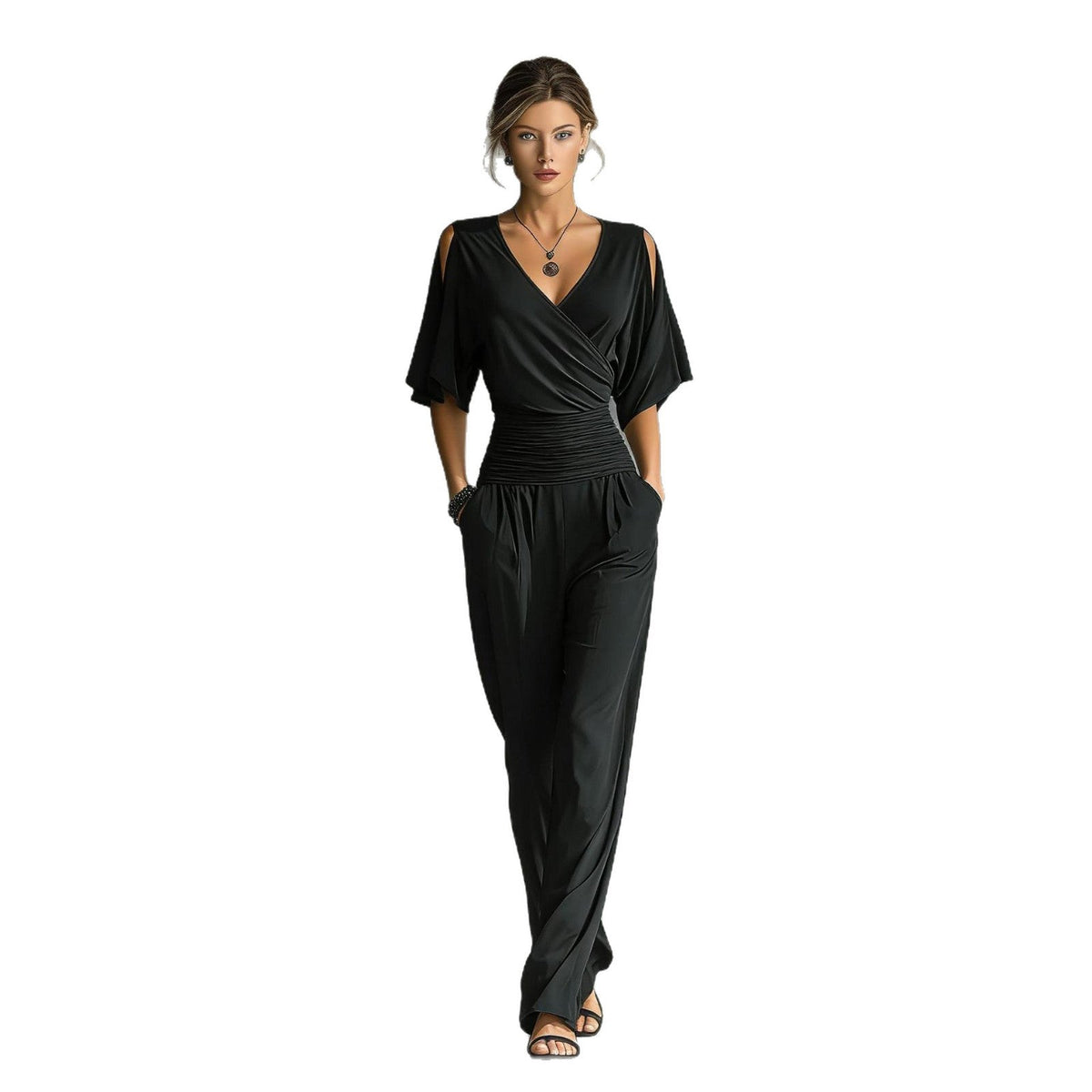 Cold Shoulder Wrap V Ruched Waist Wide Leg Jumpsuit