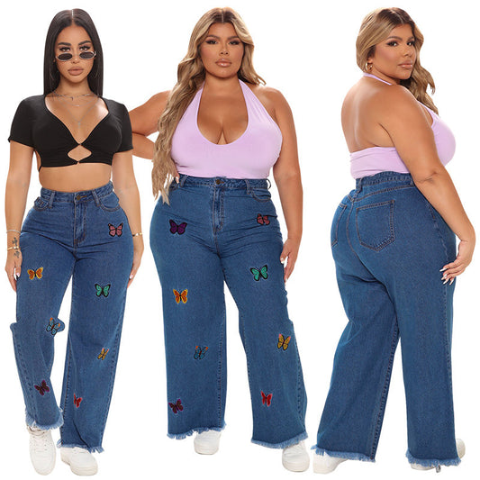 Embroidered Washed Denim Jeans