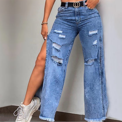 Women’s Distressed Split-Hem Wide Leg Jeans
