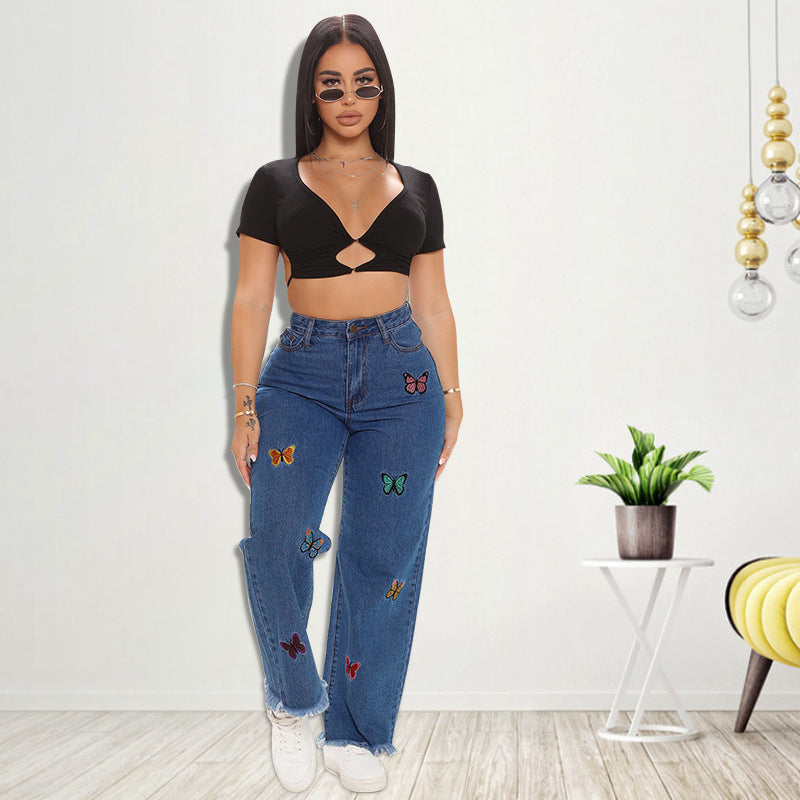 Embroidered Washed Denim Jeans