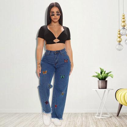Embroidered Washed Denim Jeans