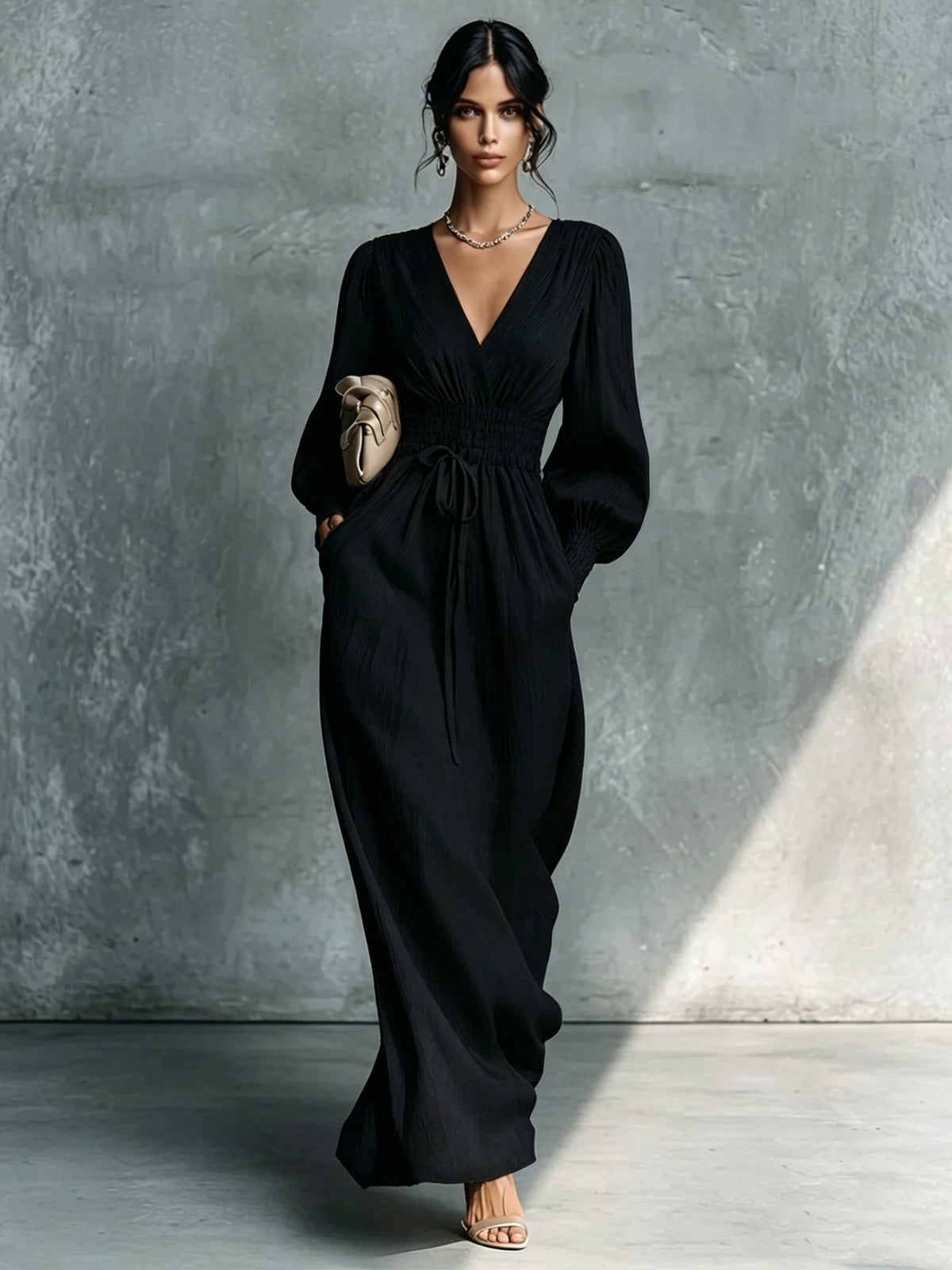 Textured V-Neck Smocked Waist Maxi Dress - Black / S